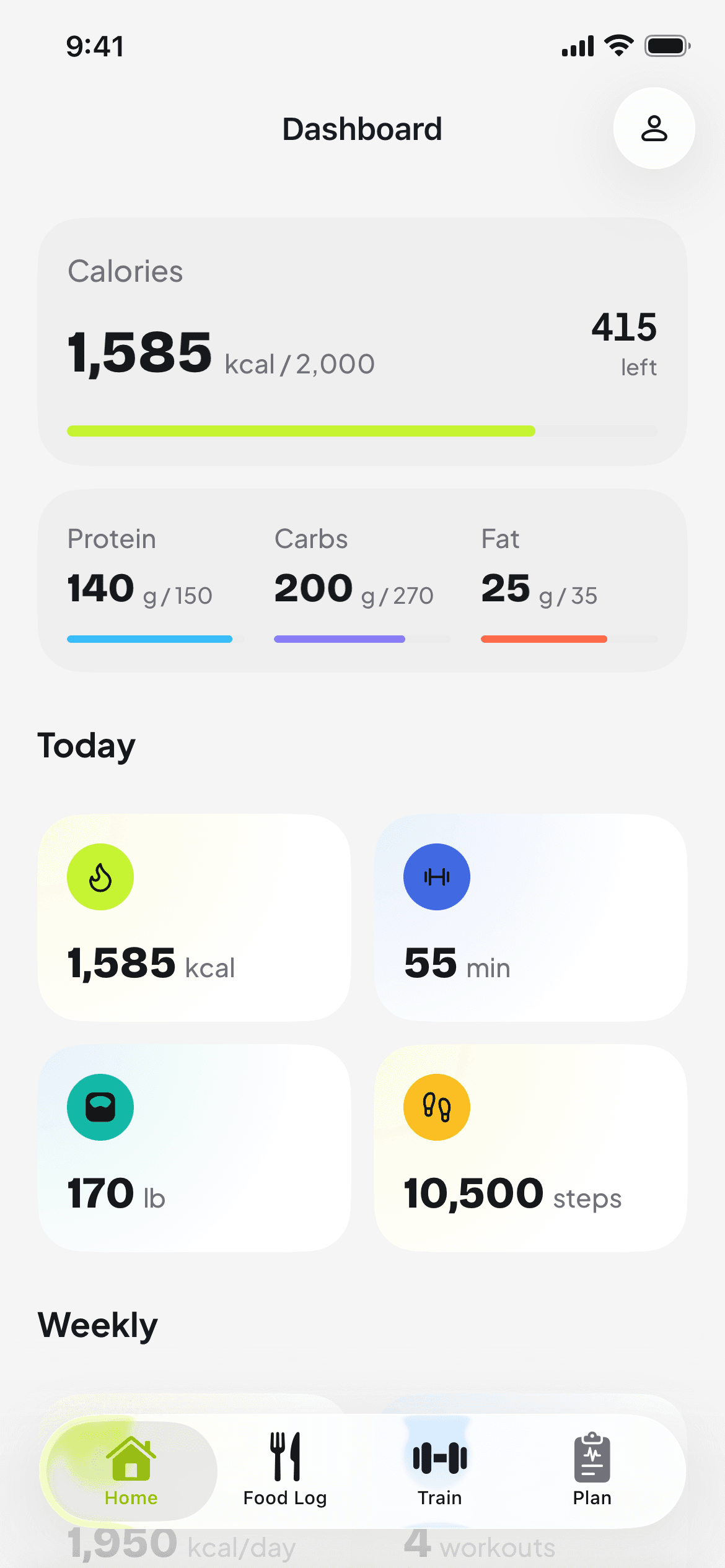 MassMetrics dashboard showing calories, macros, workouts, weight, and steps