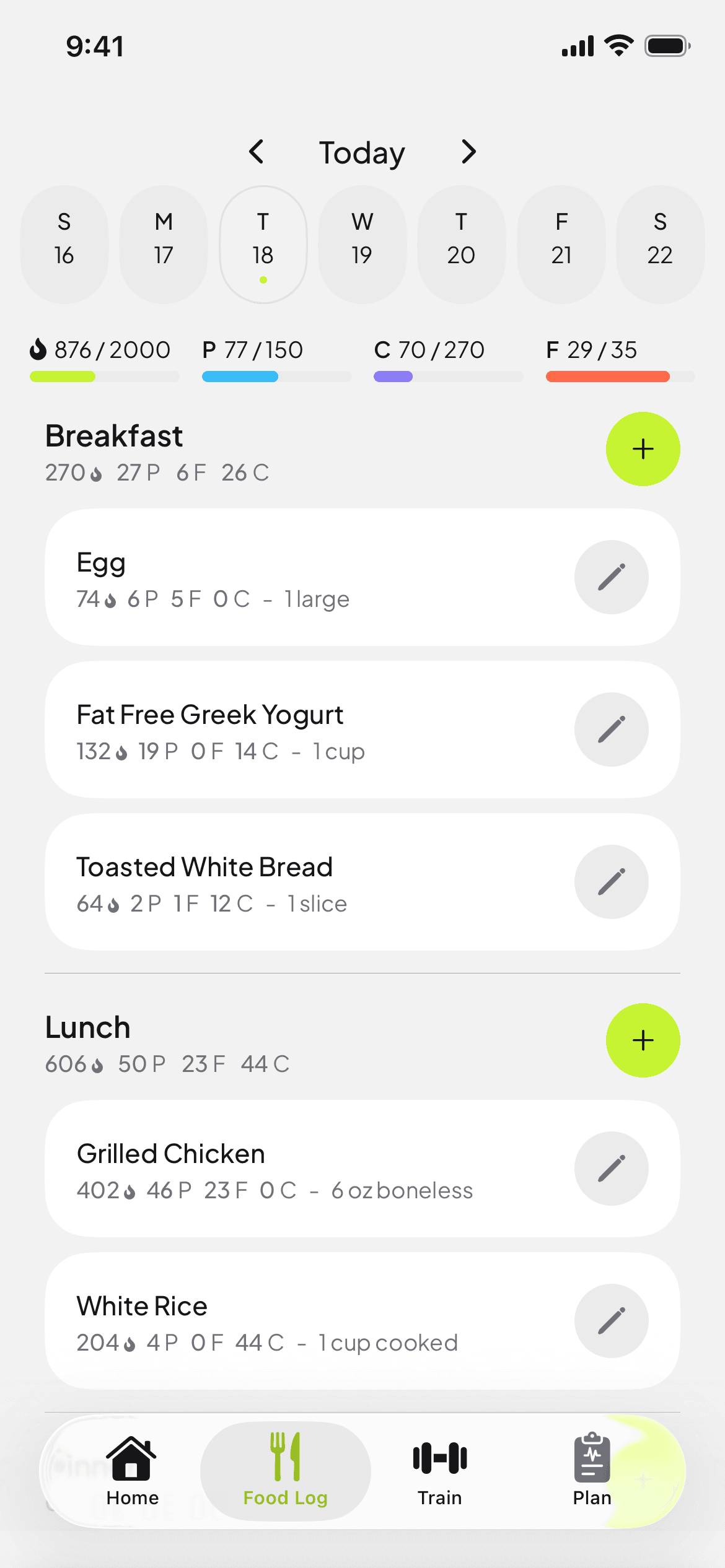 MassMetrics food log showing daily calories, macros, and meals