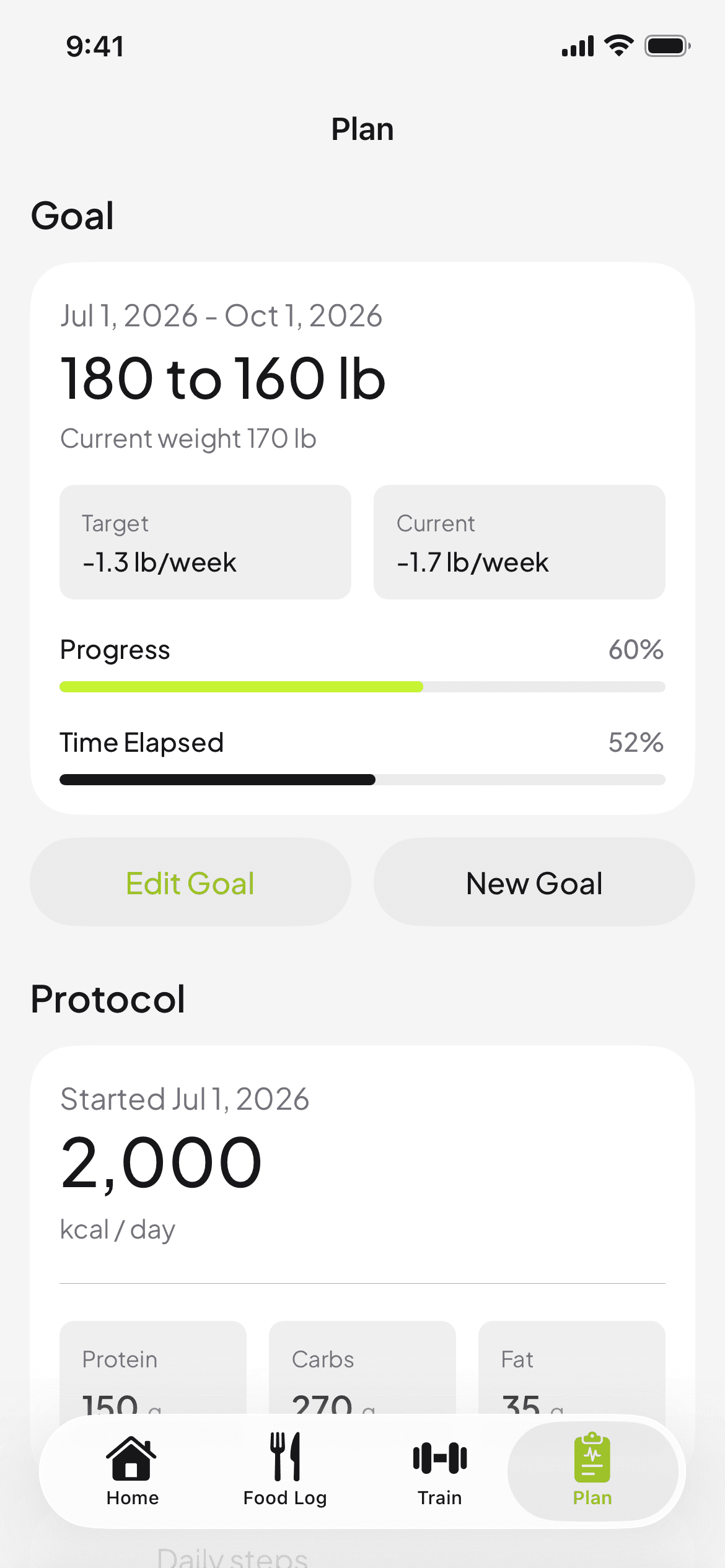 The Plan tab with a goal from 180 to 160 lb, progress and time elapsed.