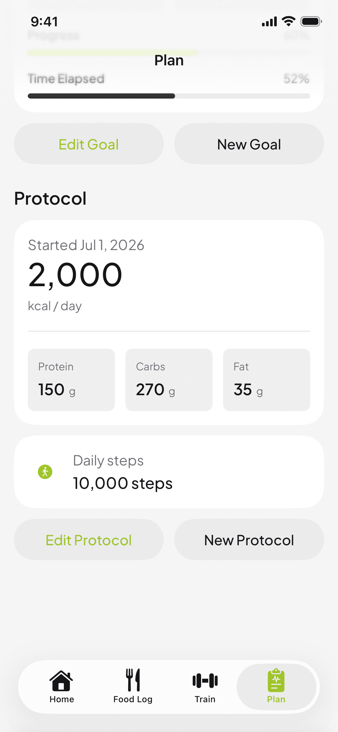 The Plan tab in the MassMetrics app showing a 2,000 calorie protocol with protein, carb and fat targets and a 10,000 daily step target.