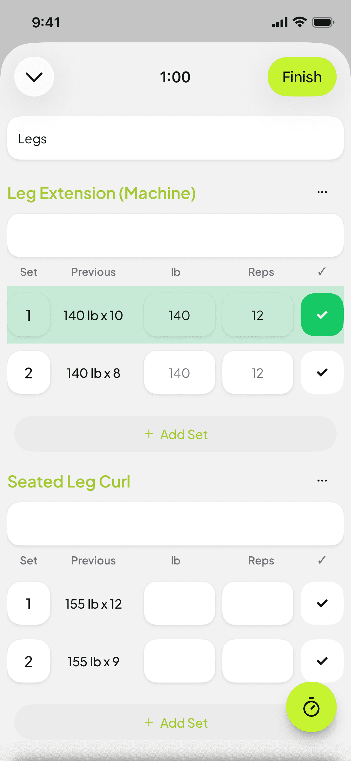 Logging a leg workout in the MassMetrics app, with the previous session's weight and reps beside each set.